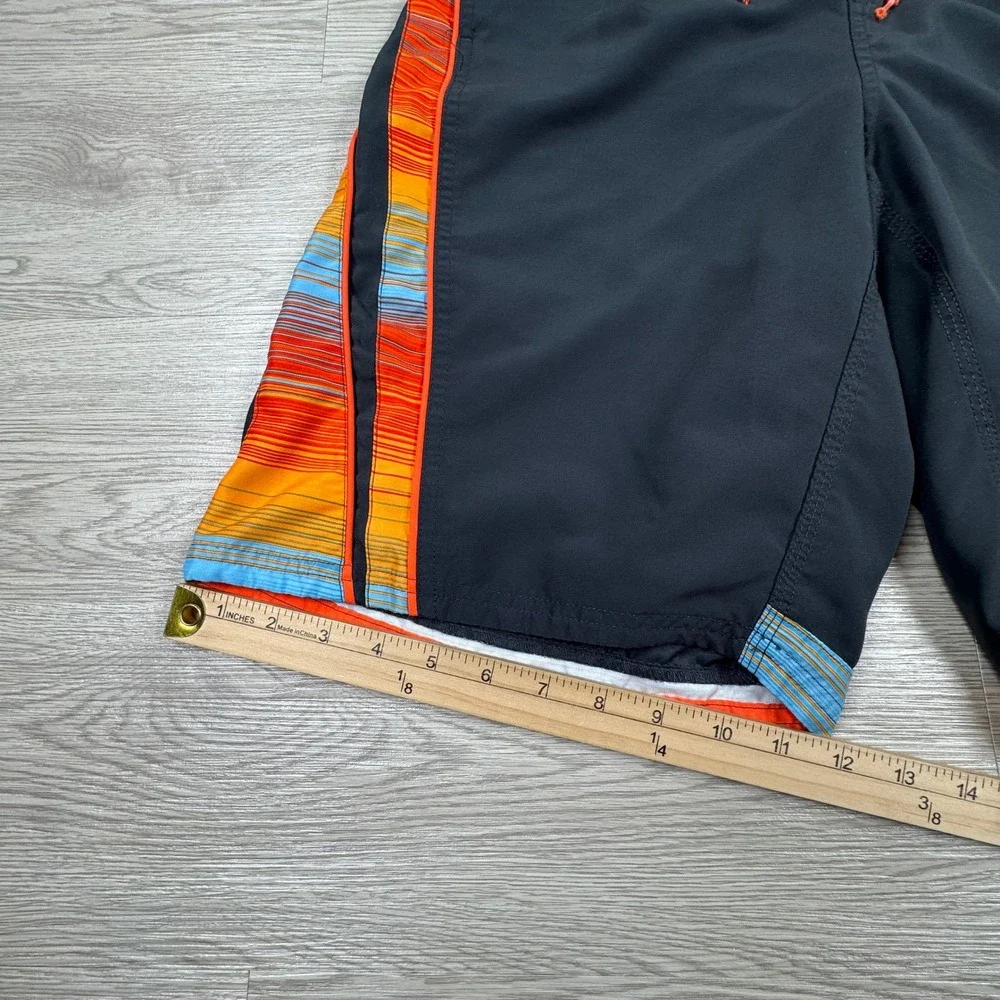 Nike‎ Mens Swim Trunks Board Shorts Black Orange Striped Medium Mesh Lined